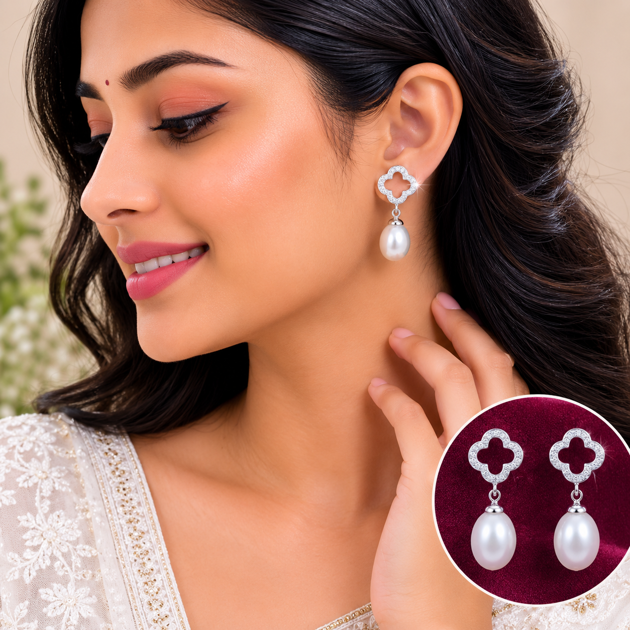 Silver Clover Pearl Drop Earrings